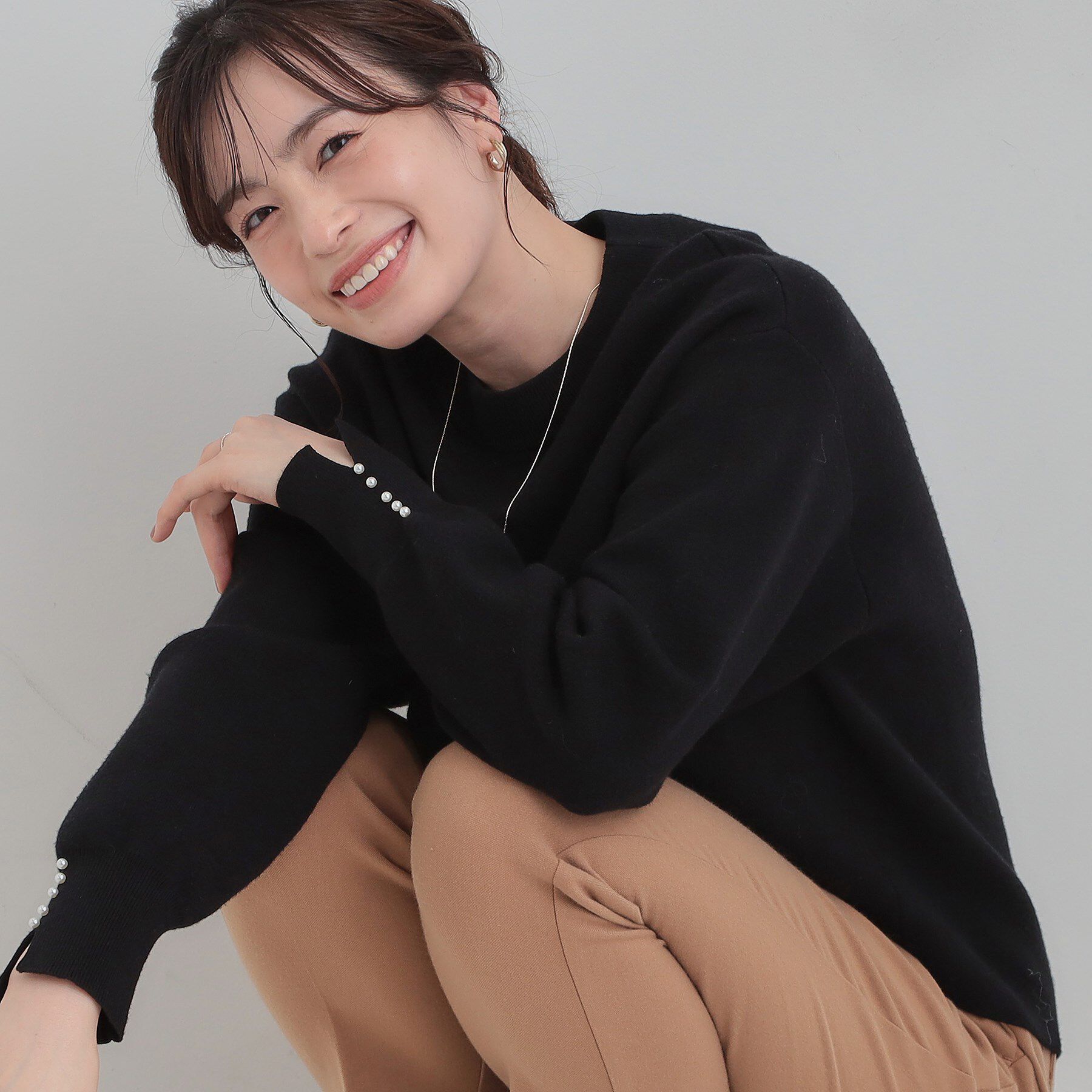 SHOO･LA･RUE「【セットアップ可/S-LL】インせず着られる 洗えるもちもち裾ラウンドニット」|ニット・セーター|ブラック(019)