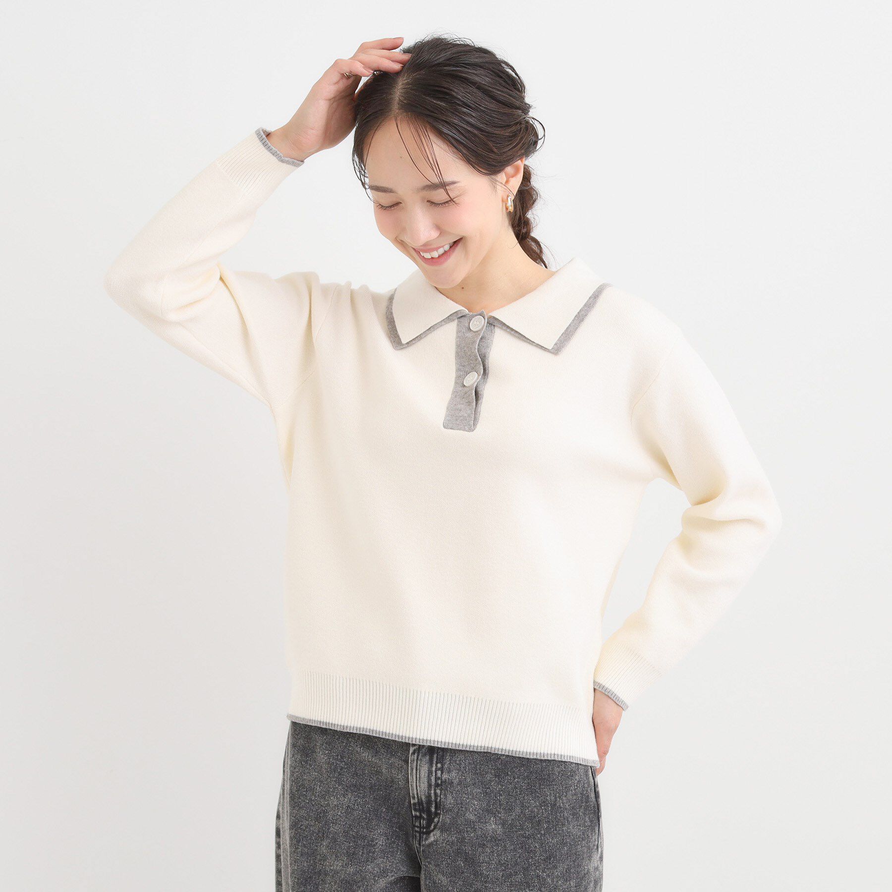 SHOO･LA･RUE「【S-LL】配色がポイントの2枚襟ポロニット」|ニット・セーター|