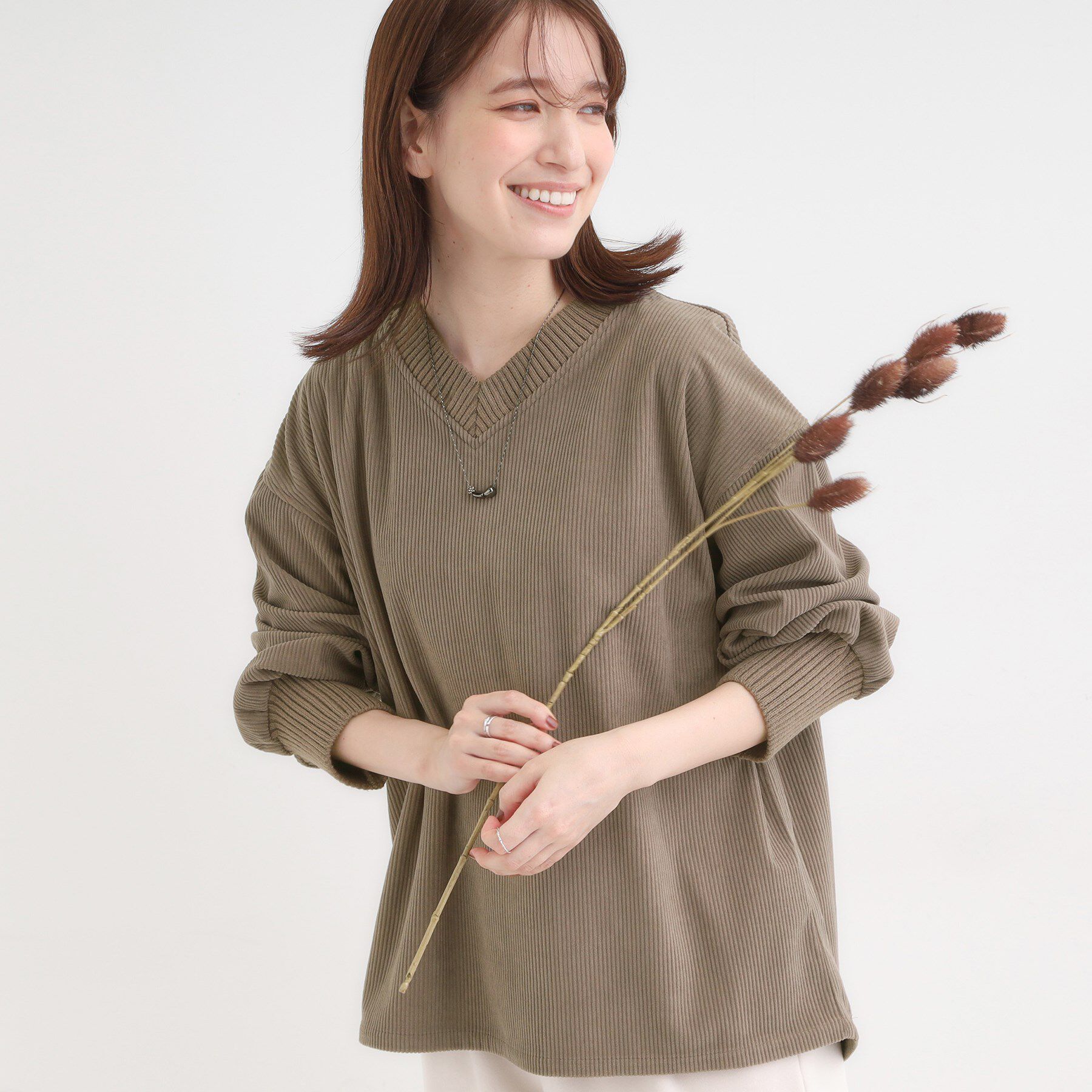 SHOO･LA･RUE「ニットリブコーデュロイトップス」|Tシャツ・カットソー|トープ(054)