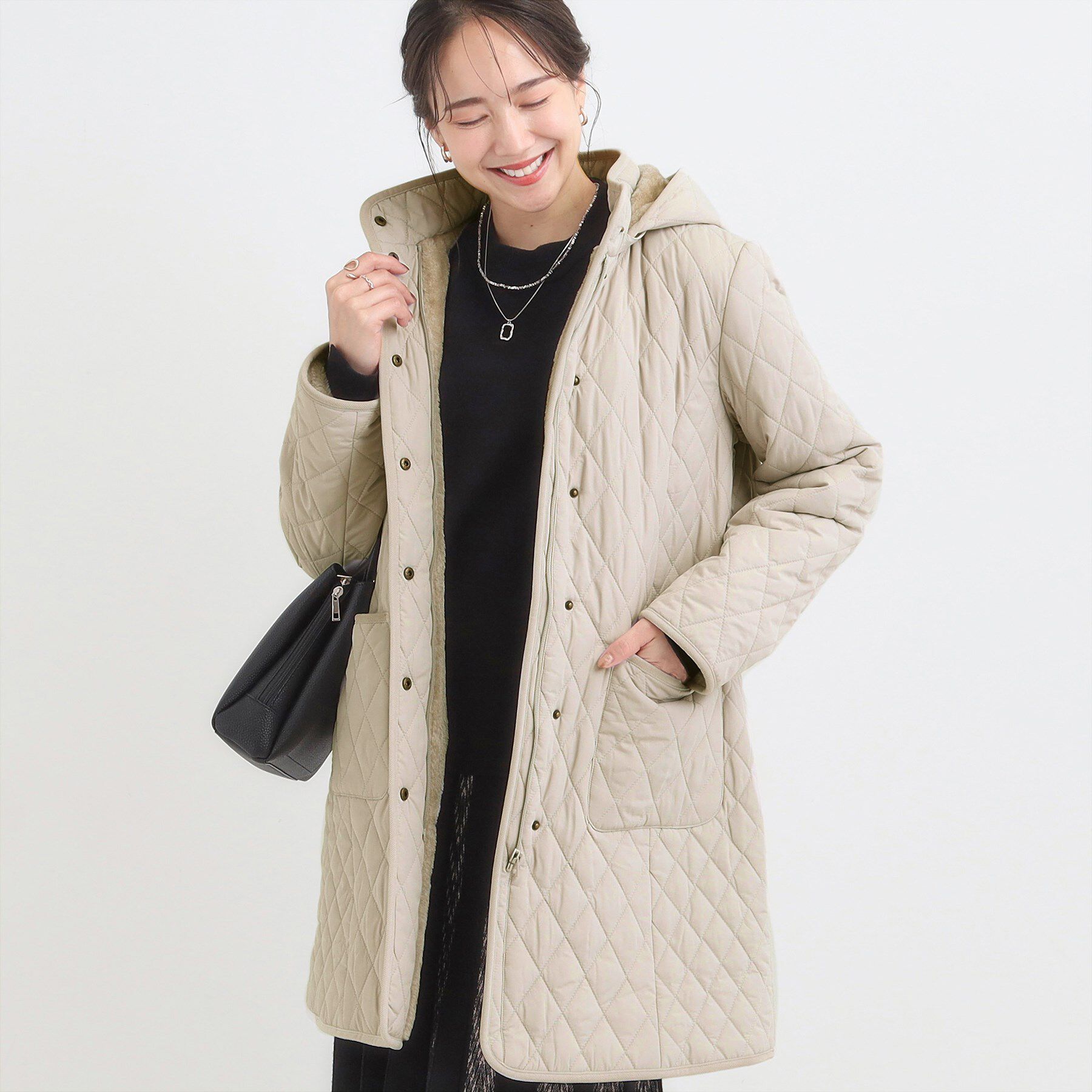 SHOO･LA･RUE「【撥水/フード取り外し可】自然にくびれる あったかダイヤ柄キルトコート【CIRCRIC】」|ダウン|ライトベージュ(05