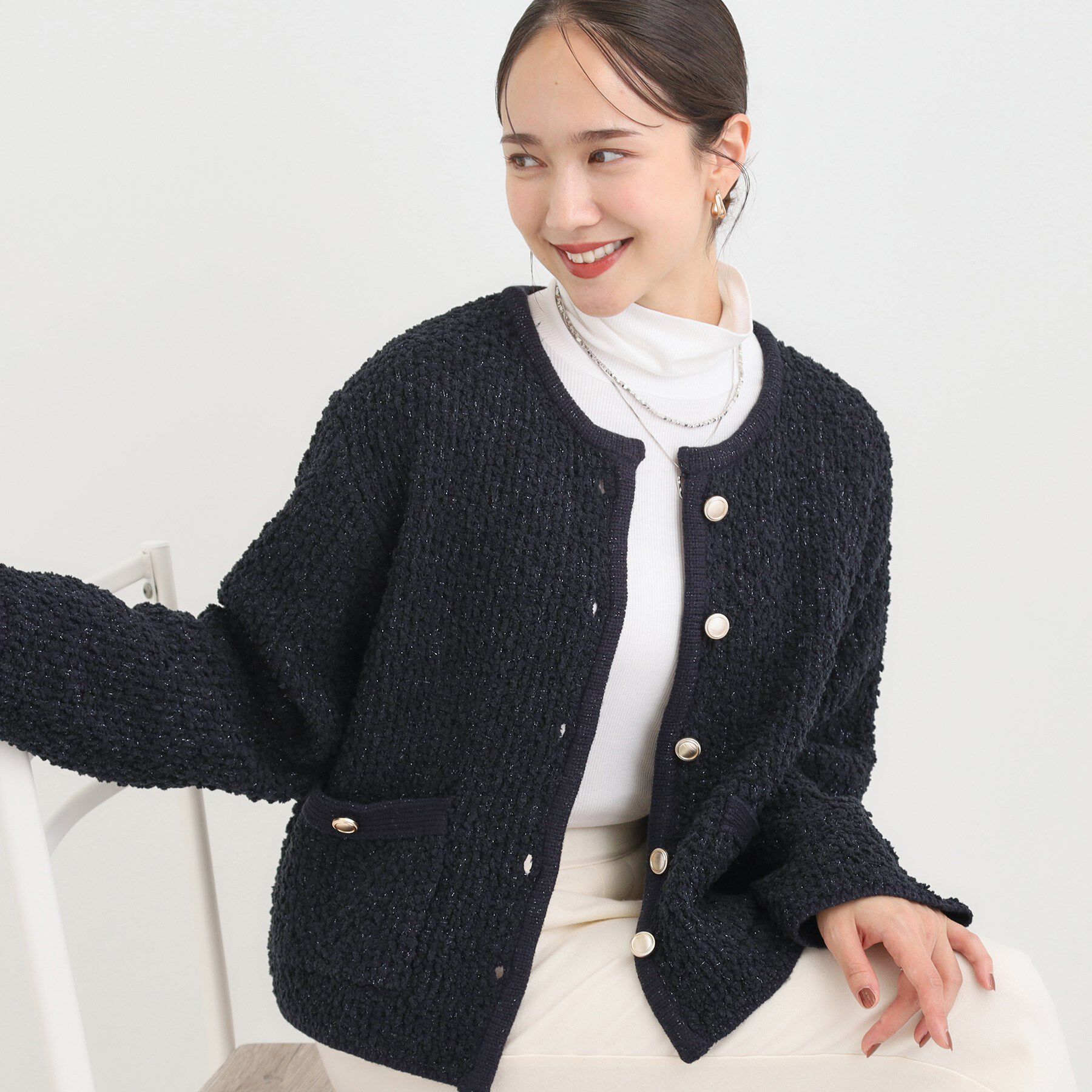 SHOO･LA･RUE「カジュアルにも きれいめにも ぽこぽこニットカーディガン」|カーディガン|ネイビー(094)