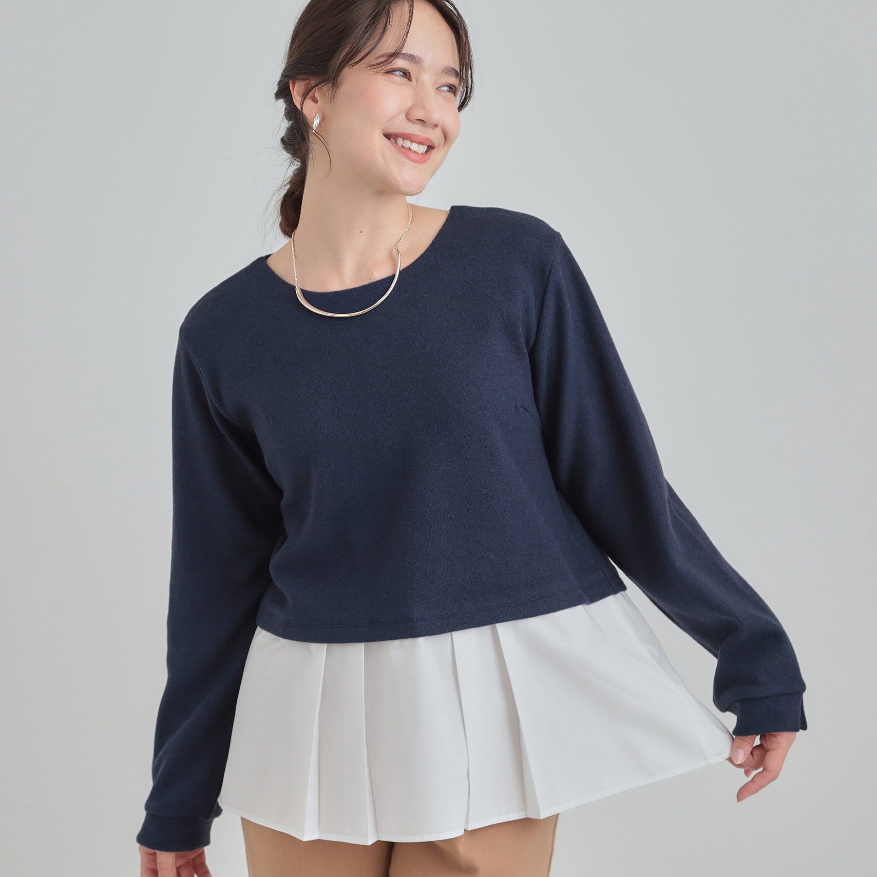 SHOO･LA･RUE「【S-LL】レイヤード風 シャツドッキングトップス」|Tシャツ・カットソー|ネイビー(094)