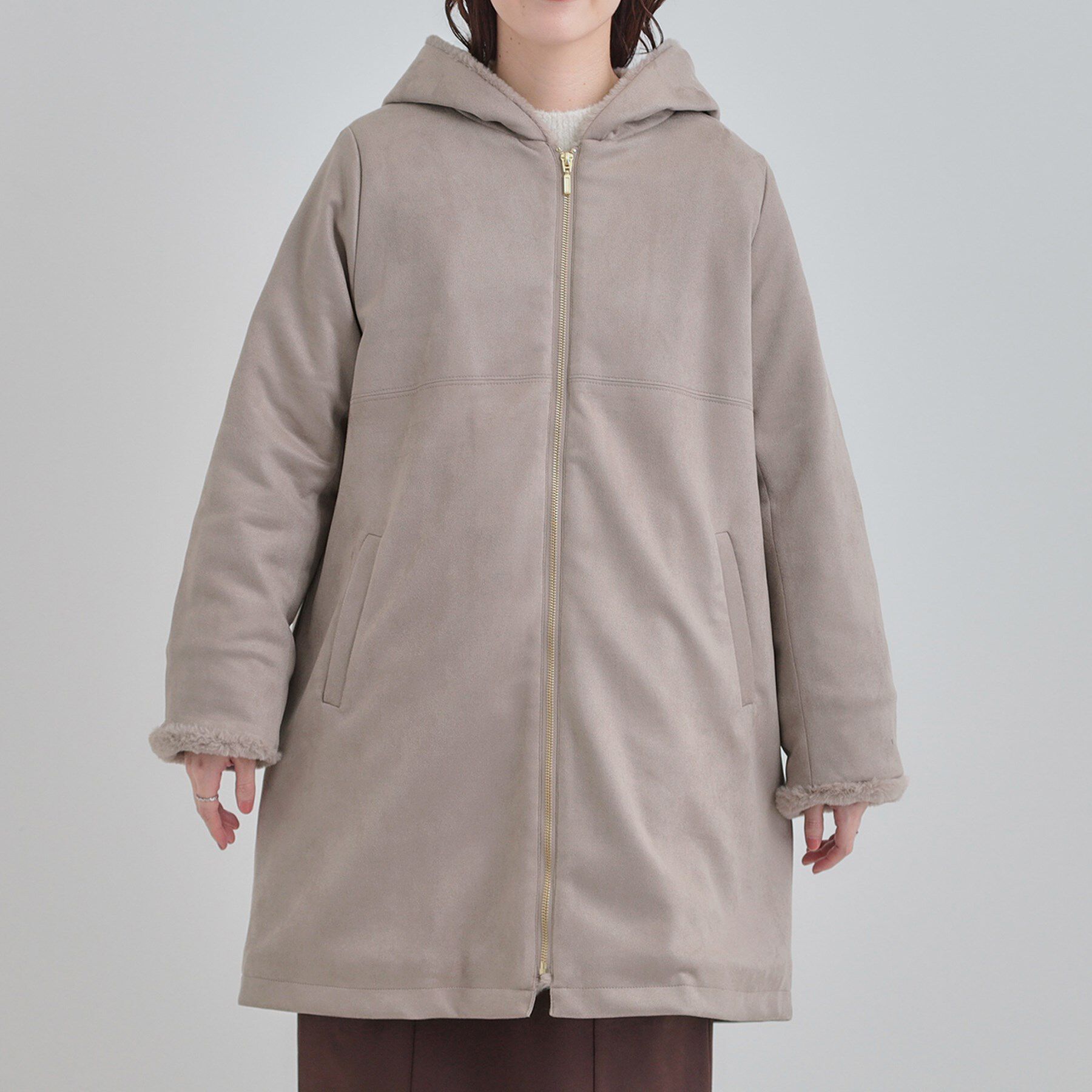 SHOO･LA･RUE「【S-LL】マットな色味が大人な雰囲気 スエード調フードコート」|その他|