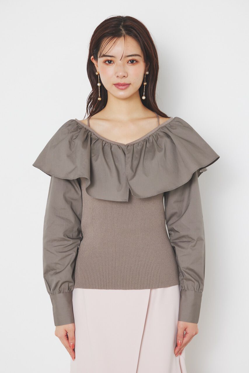 rienda「フリルネック布帛コンビKnit TOP」|ニット・セーター|