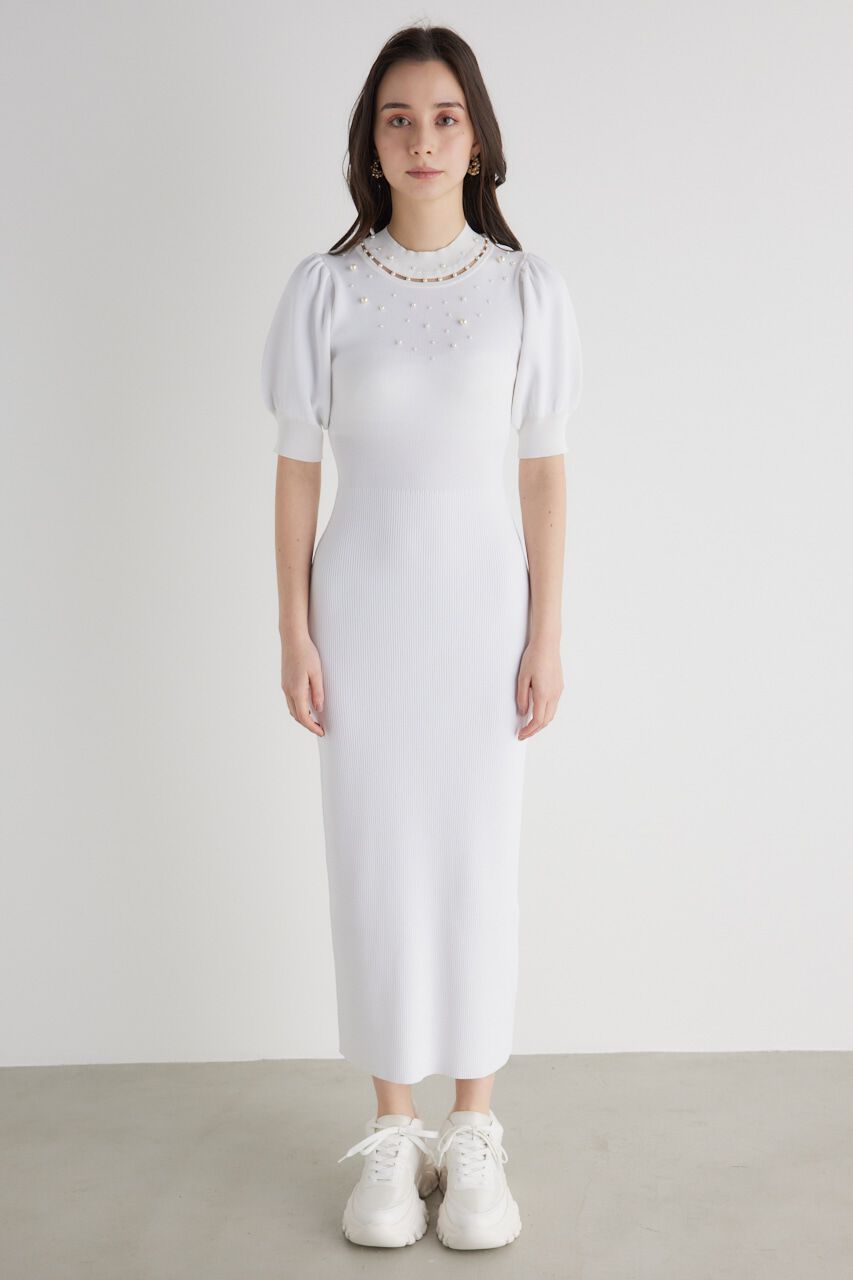 rienda「2WAYネックリボンフェイクパールKnit OP」|ワンピース|