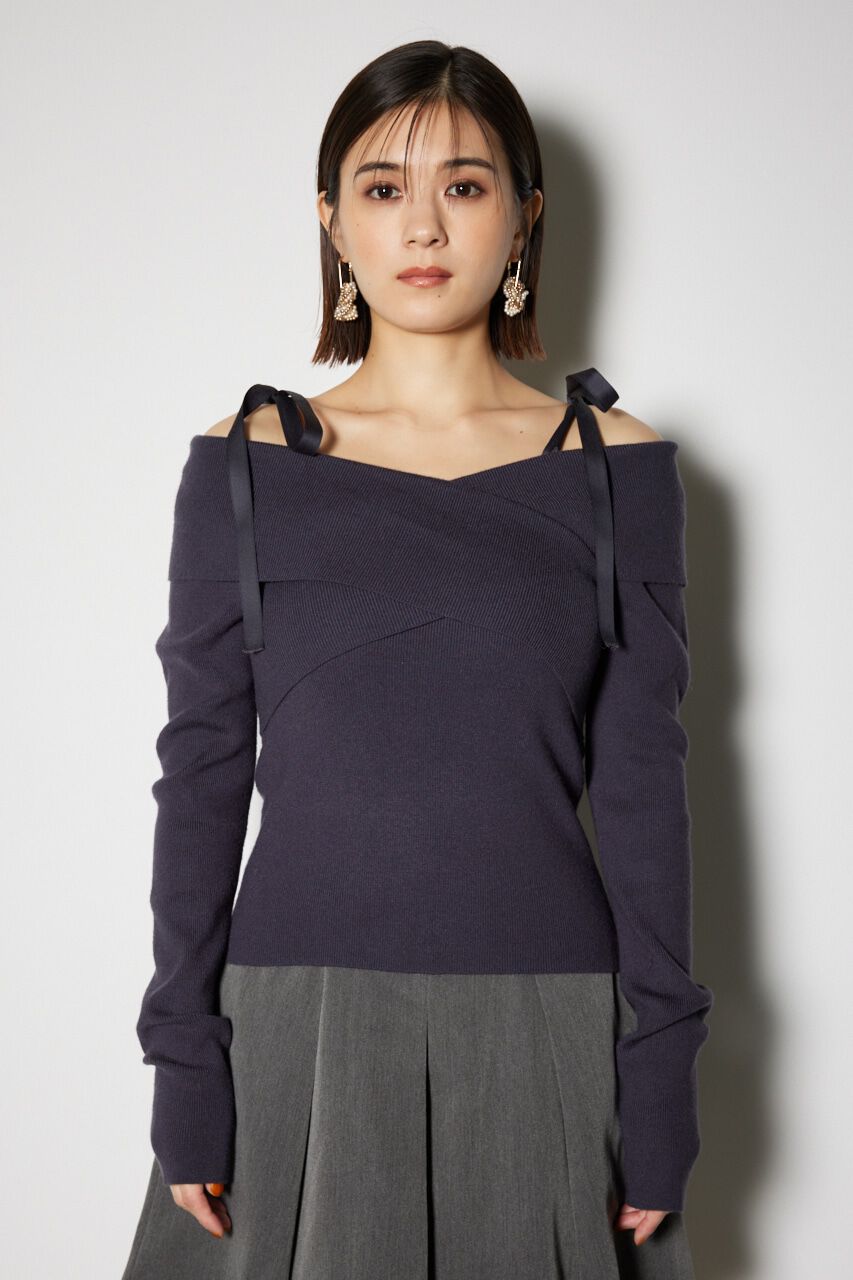 rienda「2WAYショルダーリボンクロス ニット トップス」|ニット・セーター|