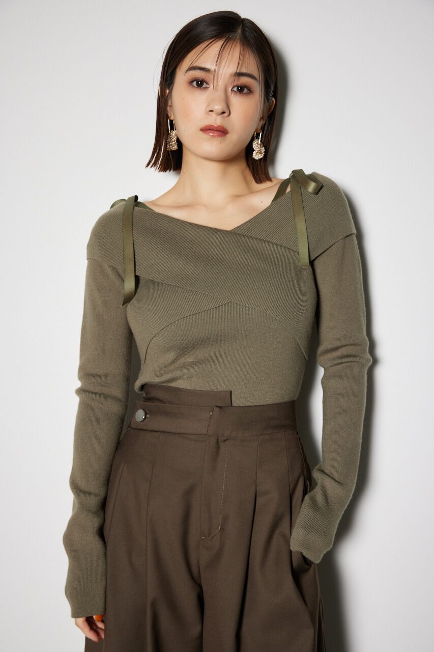 rienda「2WAYショルダーリボンクロス ニット トップス」|ニット・セーター|