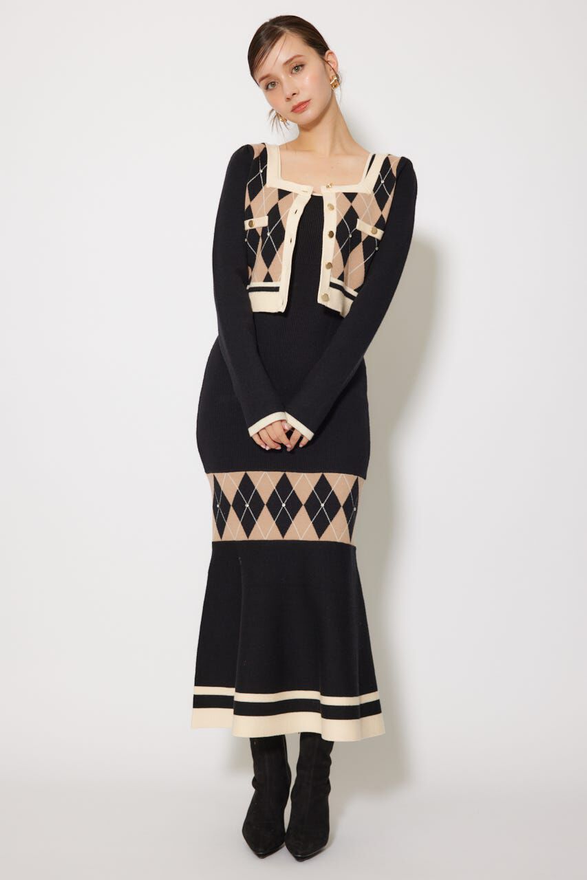 rienda「アーガイルバイカラーカーディガンセットニットワンピース」|ワンピース|