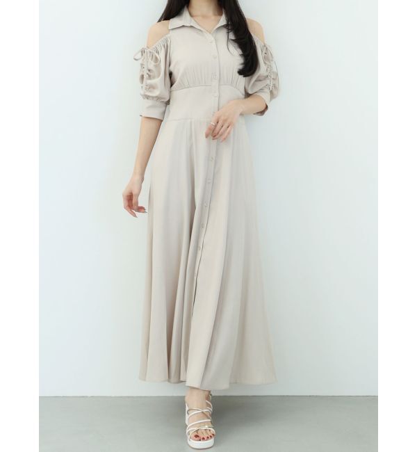 MERCURYDUO「オープンショルダーシャツワンピース」|ワンピース|ベージュ