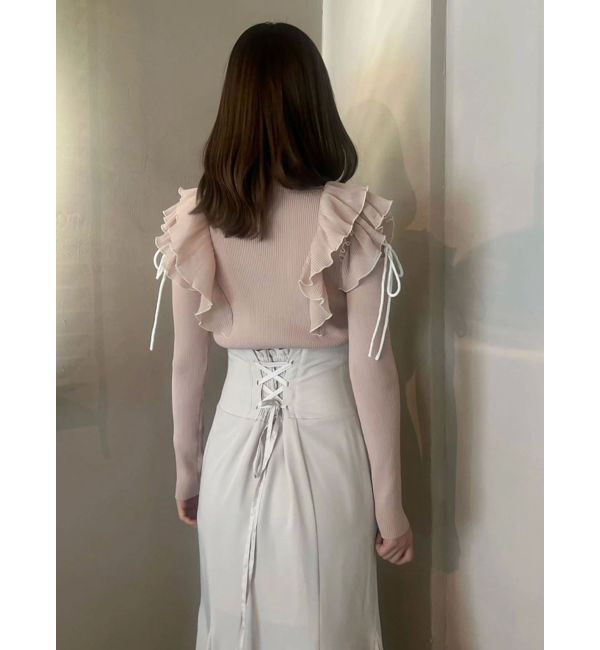 MERCURYDUO「異素材プリーツラッフルリブニット」|ニット・セーター|