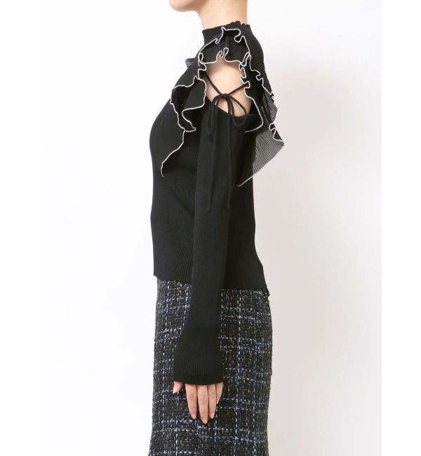 MERCURYDUO「異素材プリーツラッフルリブニット」|ニット・セーター|