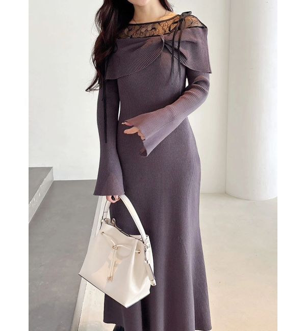 MERCURYDUO「レース切替オフショルニットワンピース」|ワンピース|