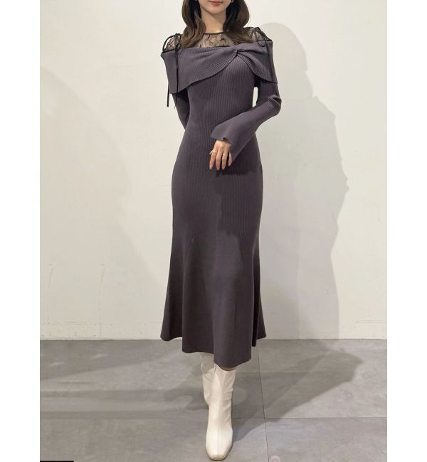 MERCURYDUO「レース切替オフショルニットワンピース」|ワンピース|