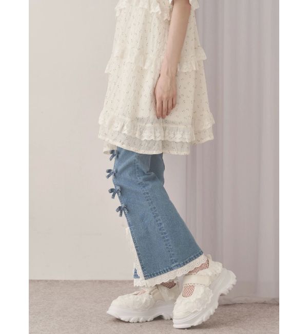 merry jenny「ribbonスリムフレアデニムパンツ」|デニム|