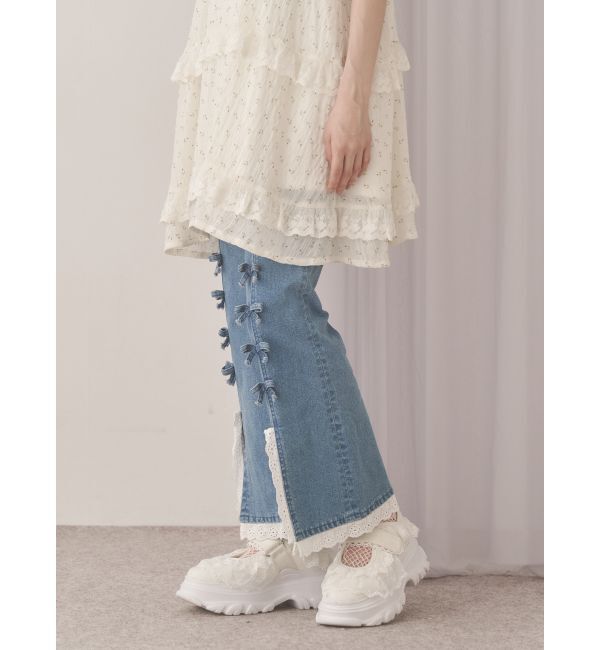 merry jenny「ribbonスリムフレアデニムパンツ」|デニム|