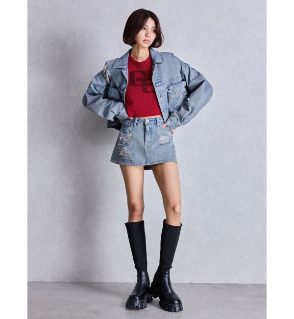 GYDA「ZIP POCKETダメージショートデニムGジャン」|ブルゾン・スタジャン|