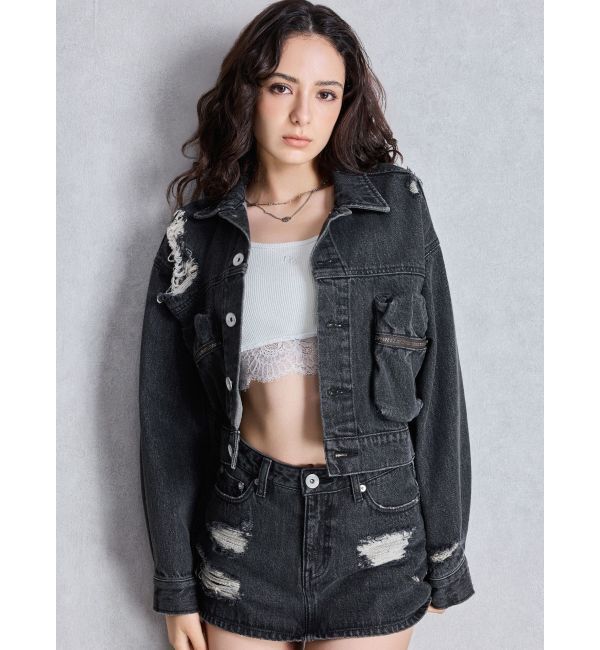 GYDA「ZIP POCKETダメージショートデニムGジャン」|ブルゾン・スタジャン|