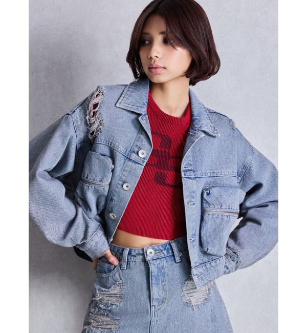 GYDA「ZIP POCKETダメージショートデニムGジャン」|ブルゾン・スタジャン|アイスブルー