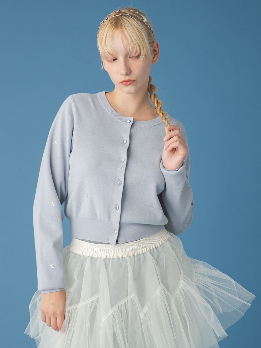 FURFUR「Twilightラインストーンクルーネックカーディガン」|カーディガン|SAX