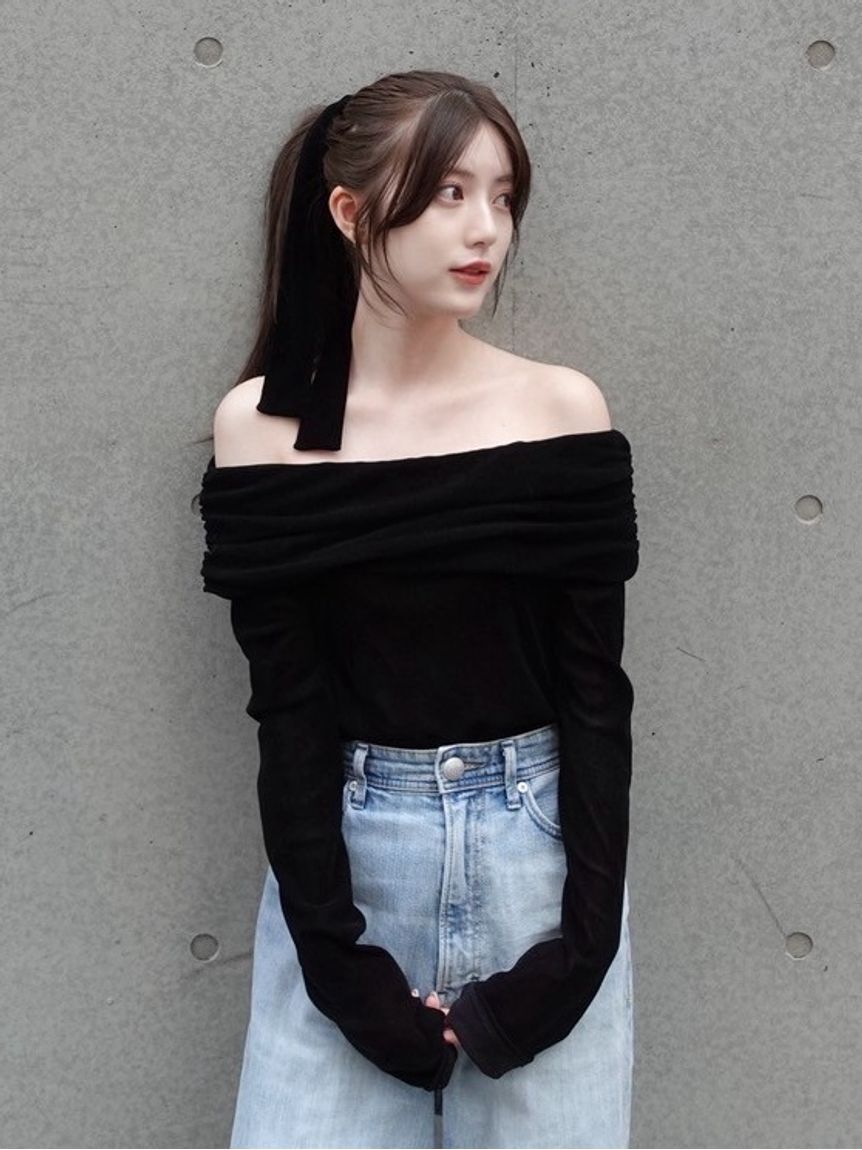 FRAY I.D「オフショルフロッキーチュールトップス」|Tシャツ・カットソー|BLK