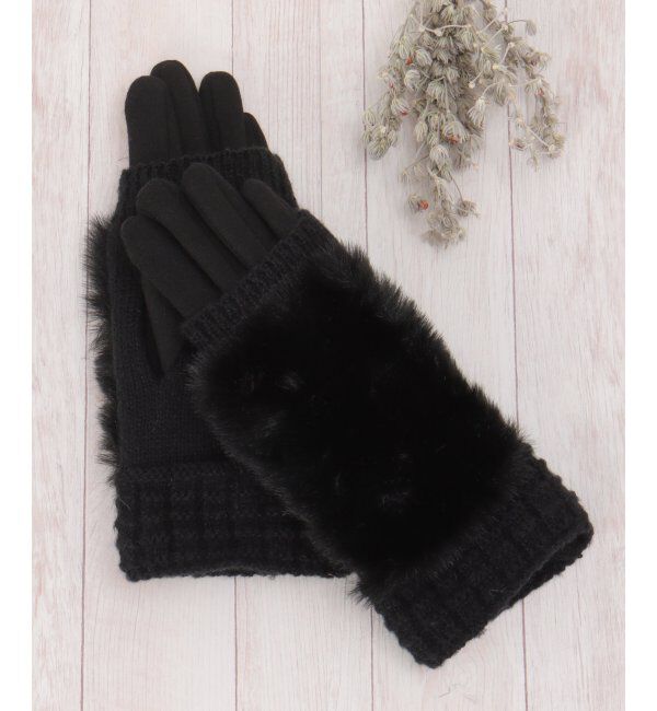 ikka「3WAYエコファー&ニットグローブ」|手袋|ブラック