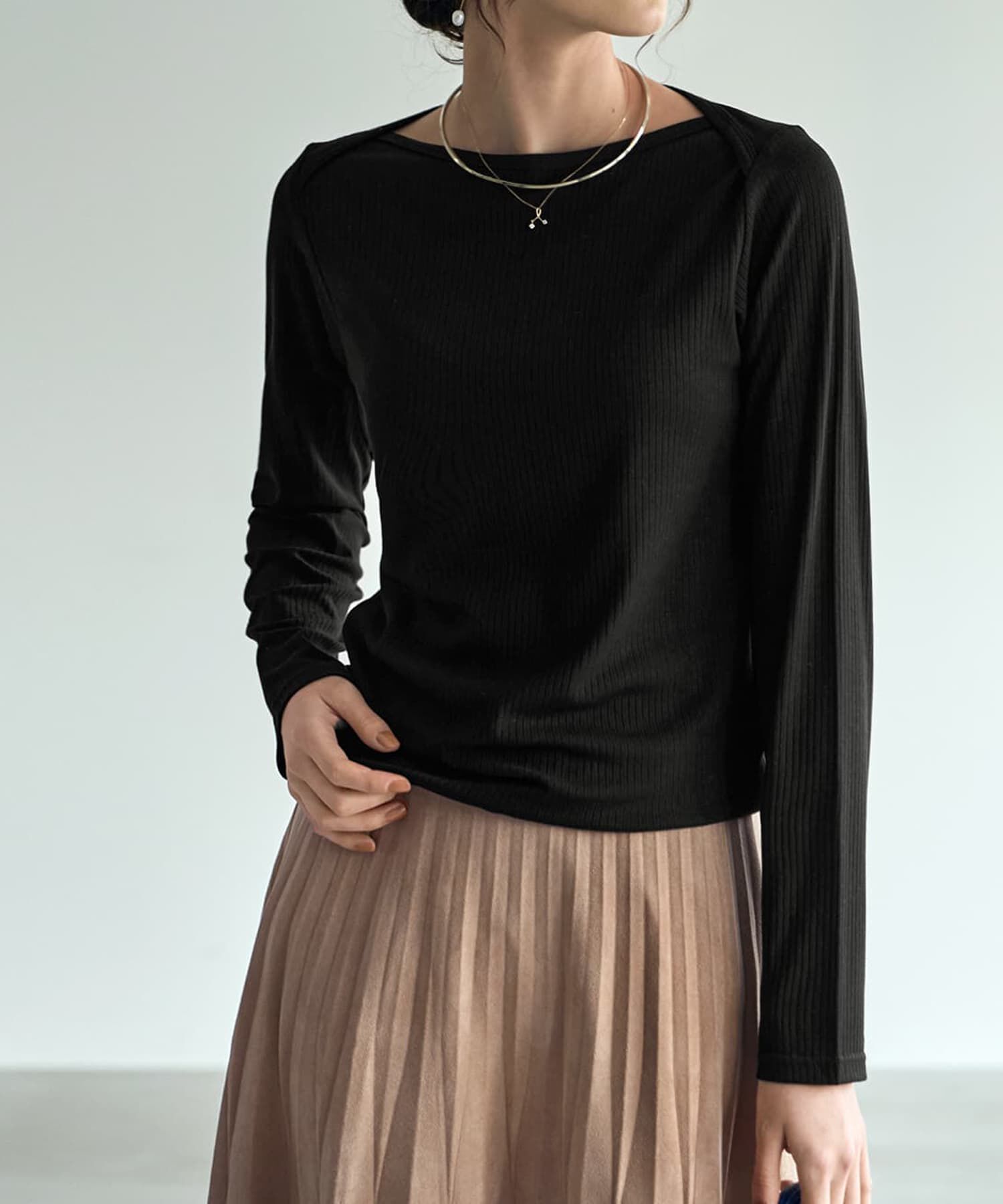 STYLE DELI「とろみワイドリブボートネックトップス」|Tシャツ・カットソー|ブラック