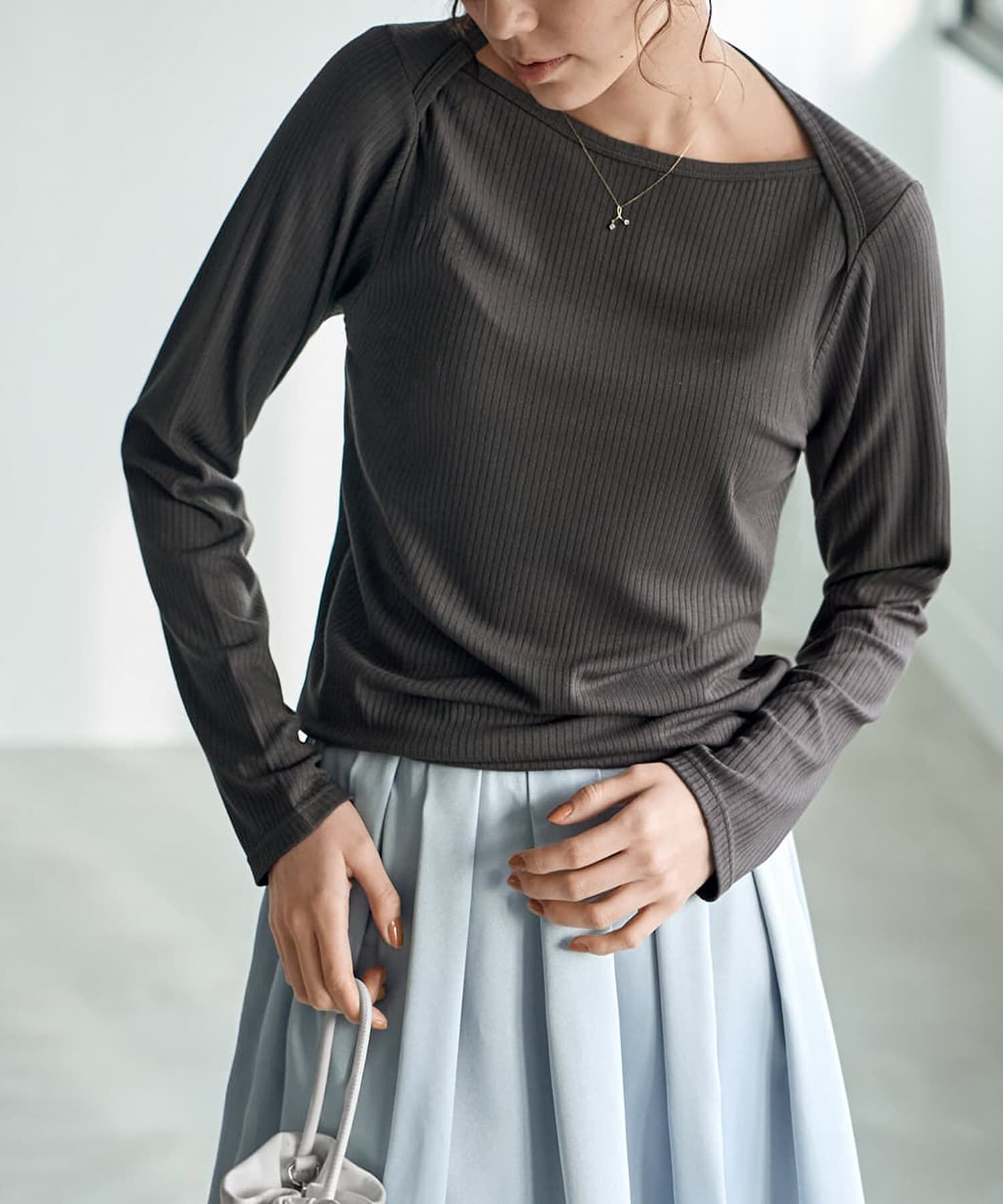 STYLE DELI「とろみワイドリブボートネックトップス」|Tシャツ・カットソー|チャコール