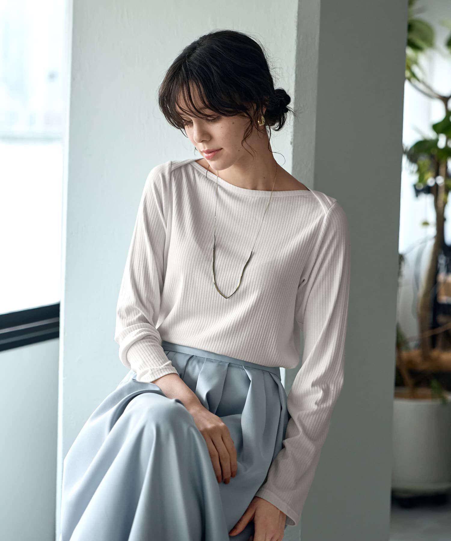 STYLE DELI「とろみワイドリブボートネックトップス」|Tシャツ・カットソー|ホワイト