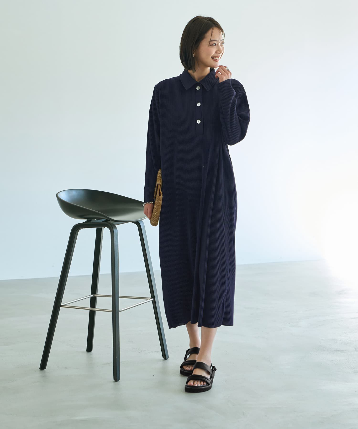 STYLE DELI「プリーツ加工襟付き長袖ワンピース」|ワンピース|ネイビー