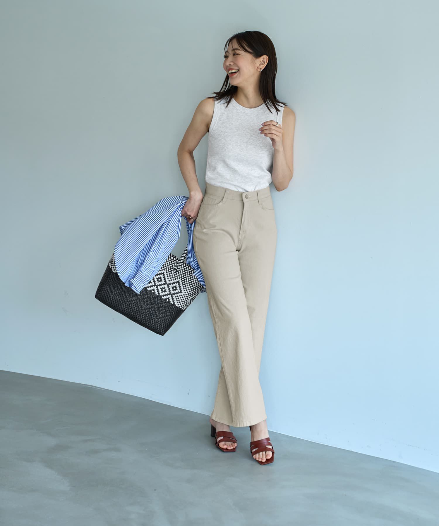 STYLE DELI「ウエストにゴム内蔵のストレッチコットンストレートパンツ」|チノ|