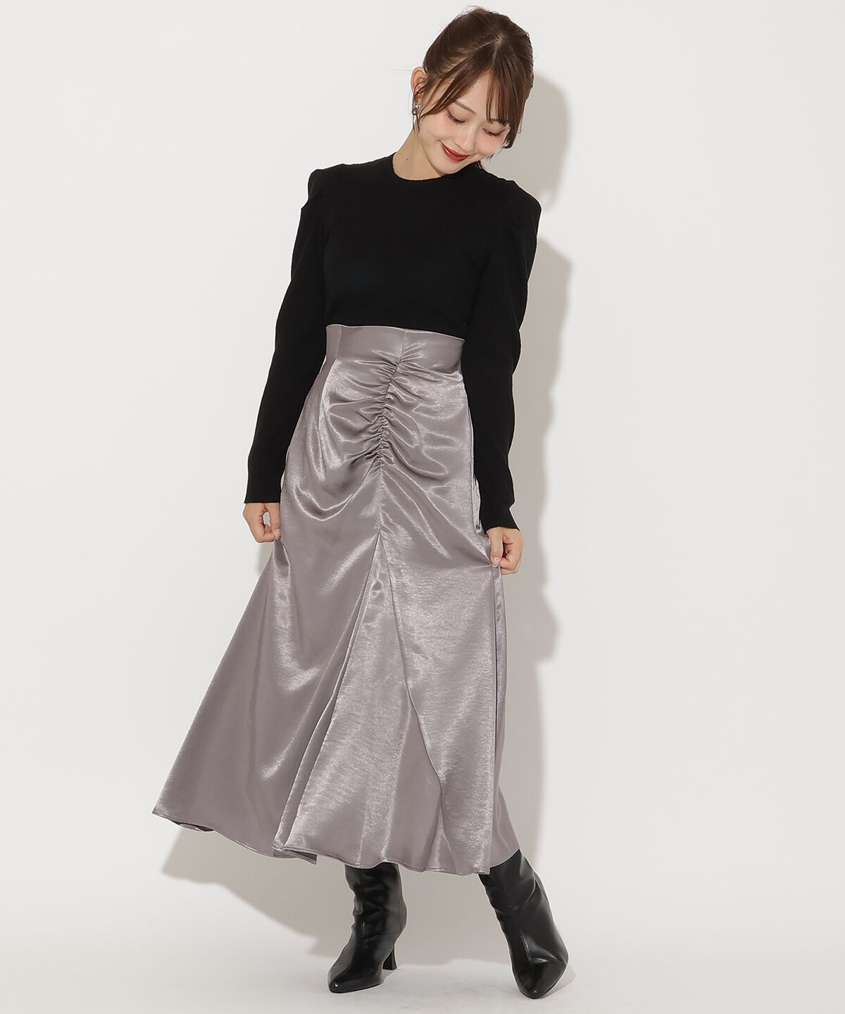 アンドクチュール「肩ギャザーハイネックリブニット」|ニット・セーター|