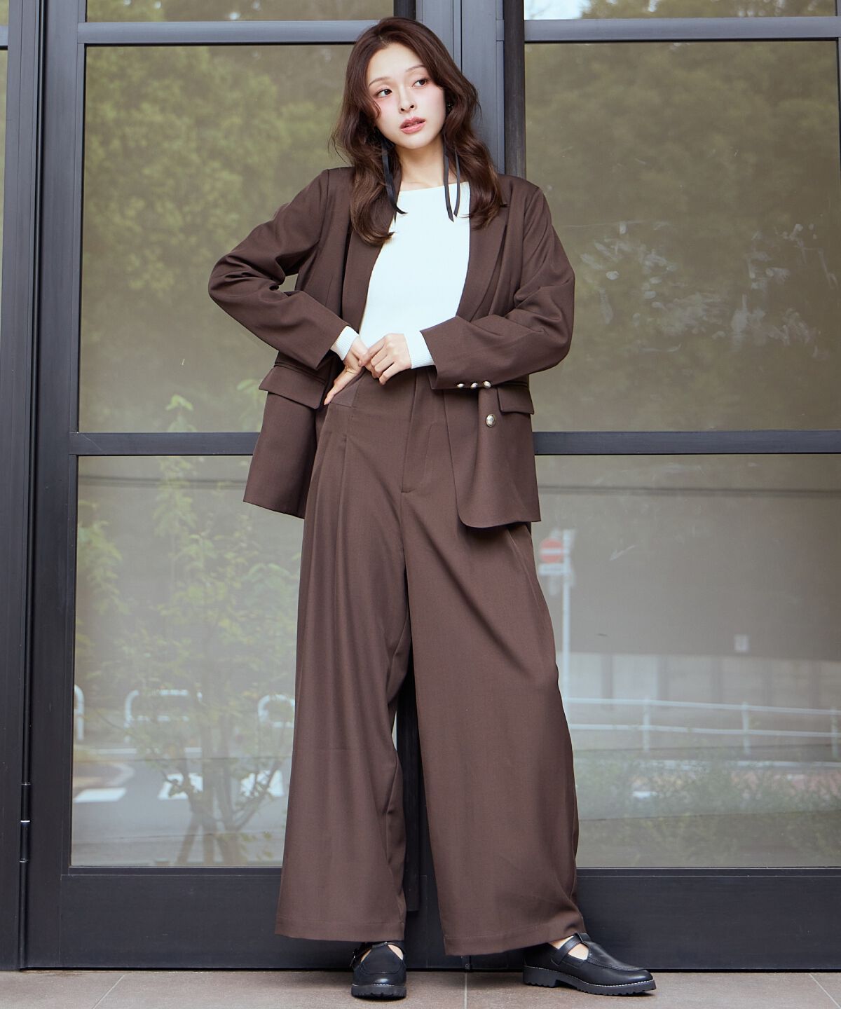 アンドクチュール「ウエストリブワイドパンツ」|その他|ブラウン