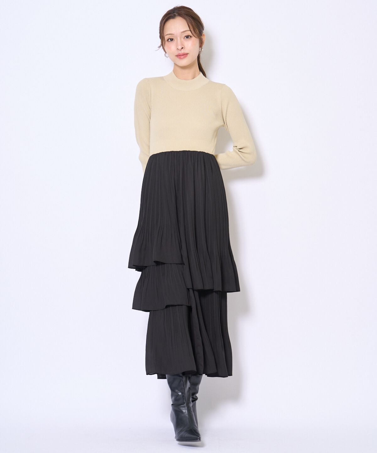 アンドクチュール「消しプリーツドッキングワンピース」|ワンピース|