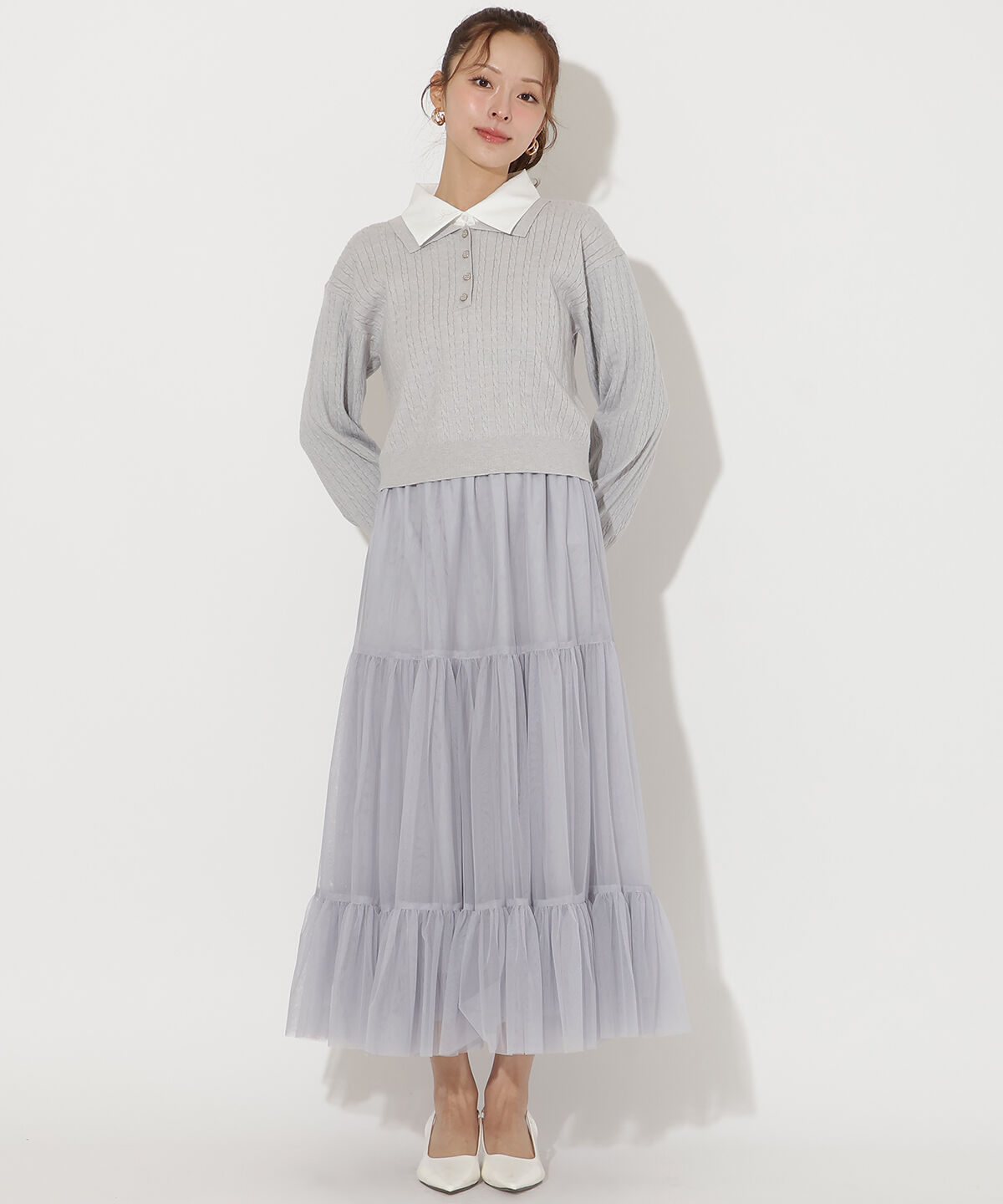 アンドクチュール「シャツ襟ケーブルニット」|ニット・セーター|