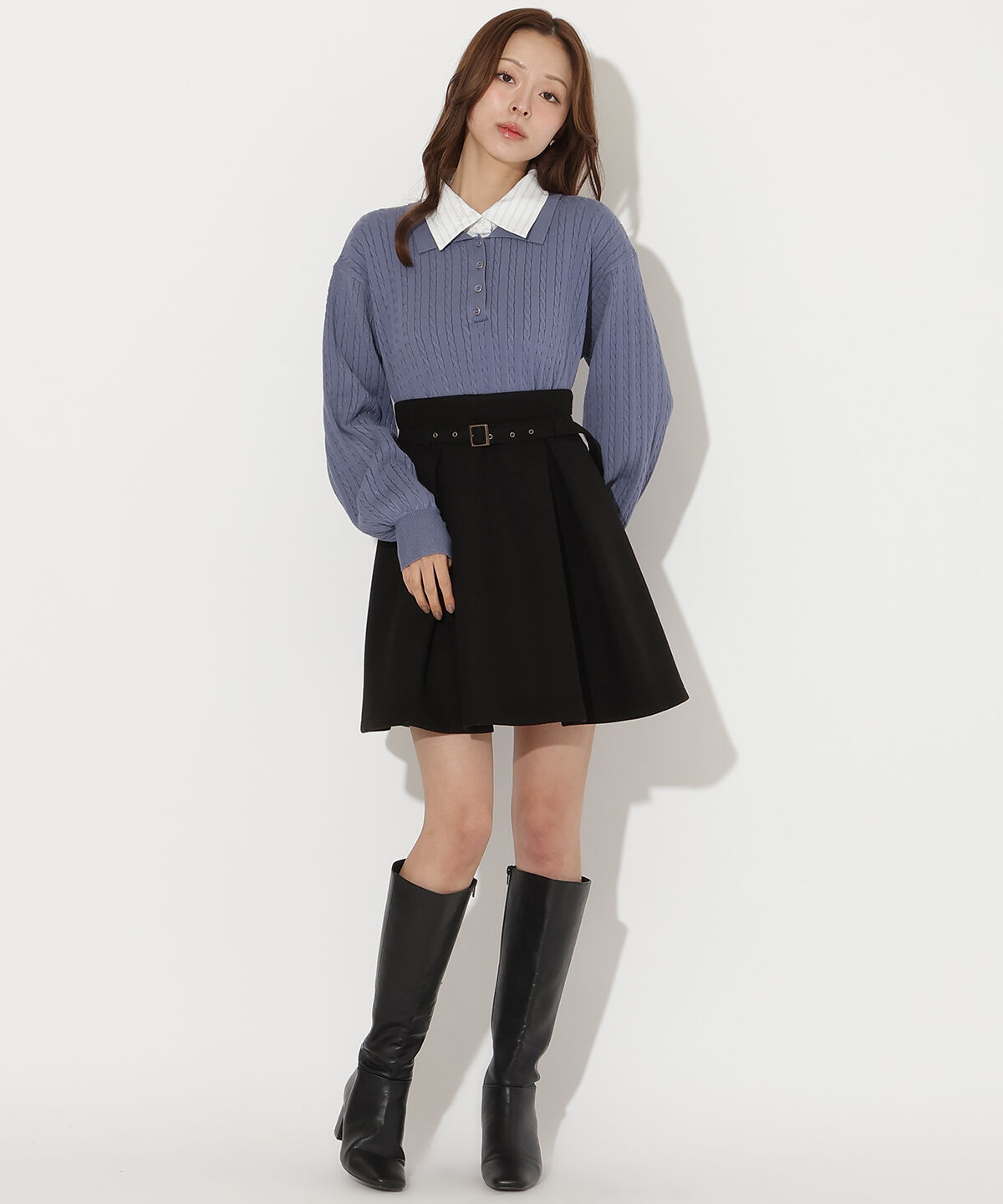 アンドクチュール「シャツ襟ケーブルニット」|ニット・セーター|