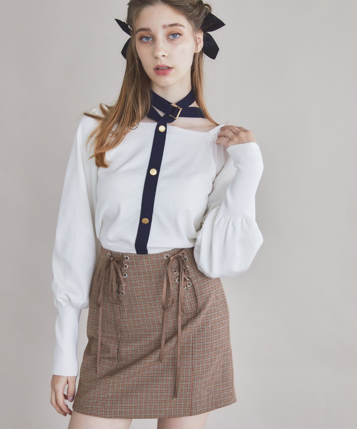 REDYAZEL「リボンレースアップミニスカート」|タイト|茶系チェック