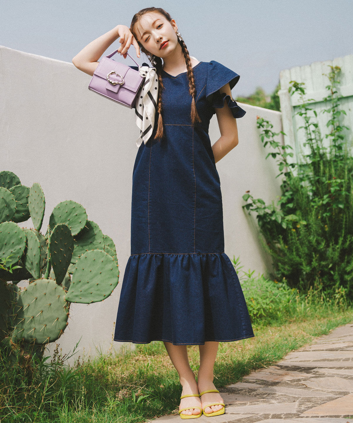 REDYAZEL「フリルスリーブデニムワンピース」|ワンピース|ネイビー
