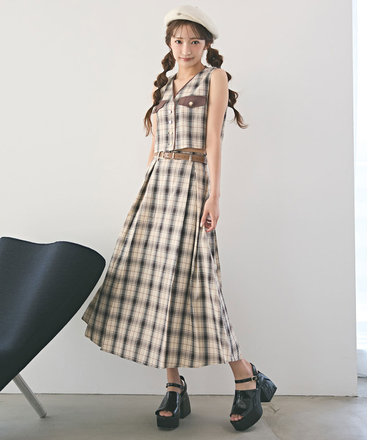 REDYAZEL「クラシカルチェックベスト&フレアスカートセットアップ」|ワンピース|オフ