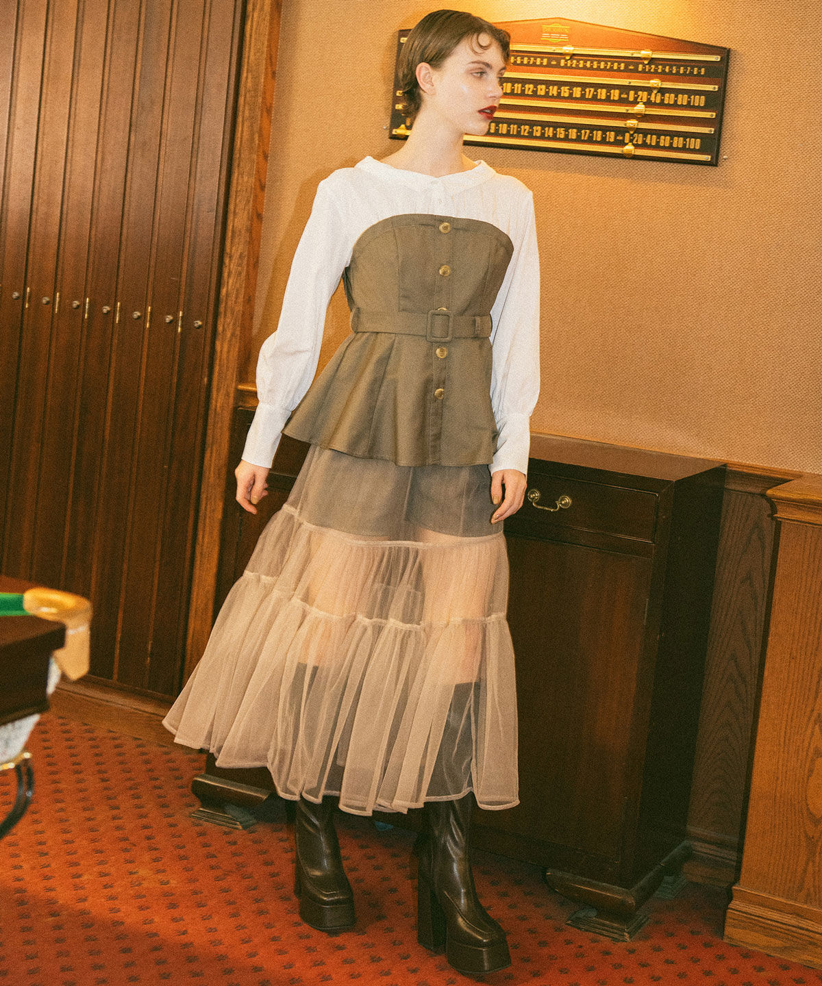 REDYAZEL「シャツドッキングチュールワンピース&ショートパンツセットアップ」|ワンピース|