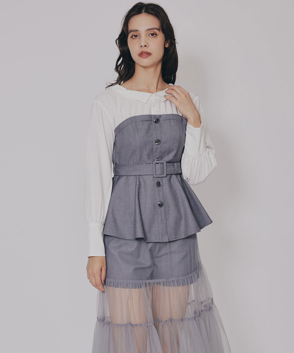 REDYAZEL「シャツドッキングチュールワンピース&ショートパンツセットアップ」|ワンピース|