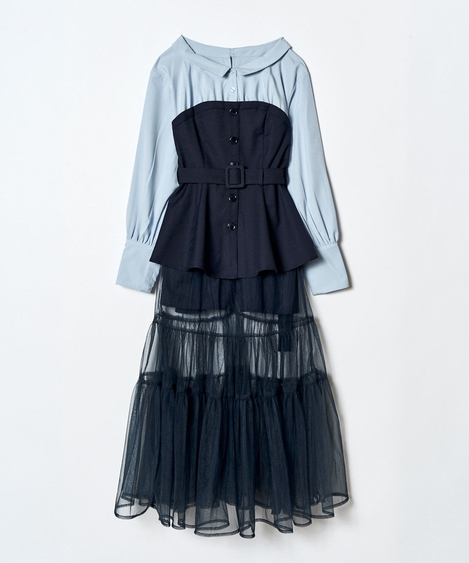 REDYAZEL「シャツドッキングチュールワンピース&ショートパンツセットアップ」|ワンピース|