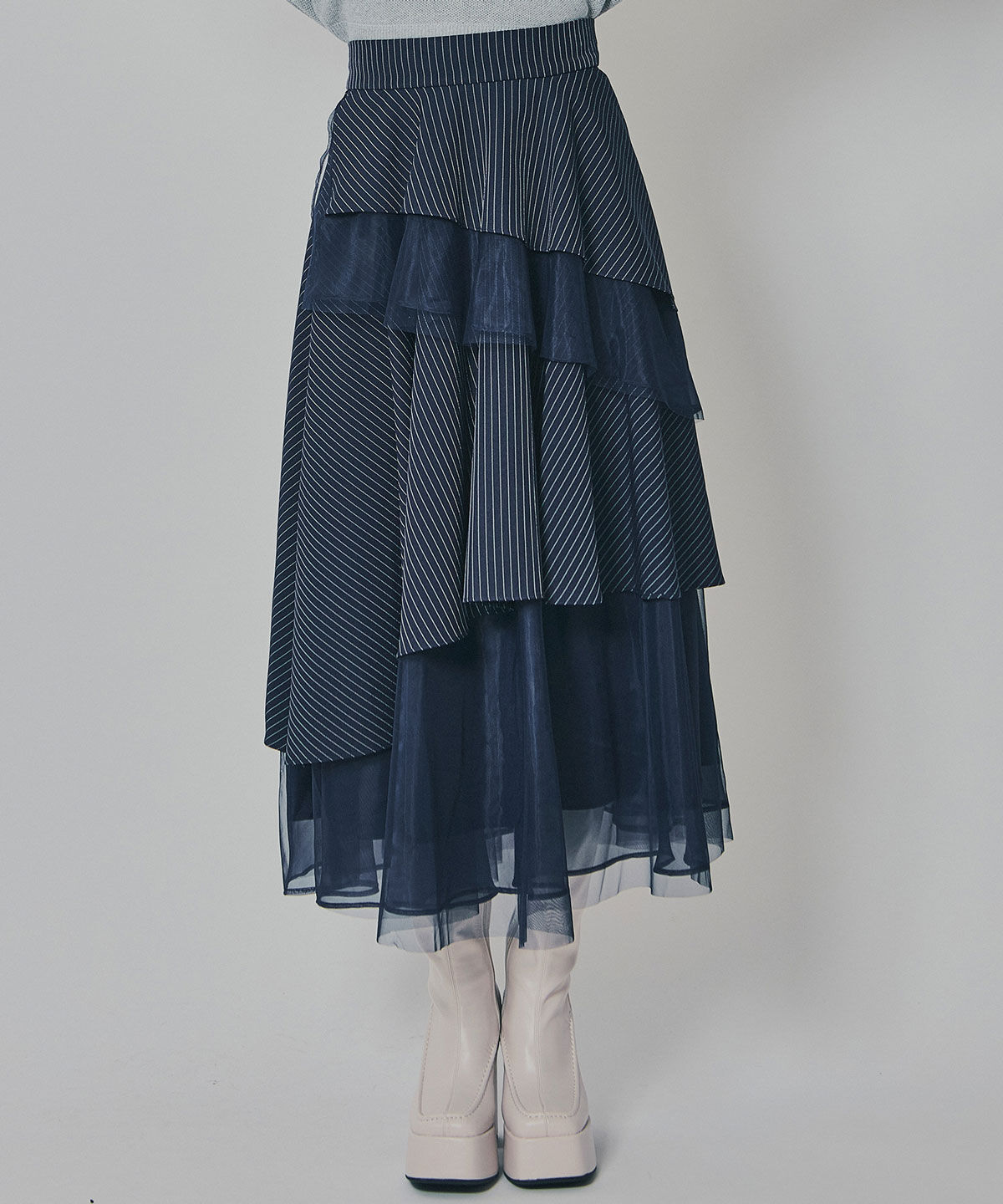 REDYAZEL「シアーMIXティアードスカート」|フレア|Navy/borderｽﾄﾗｲﾌﾟ