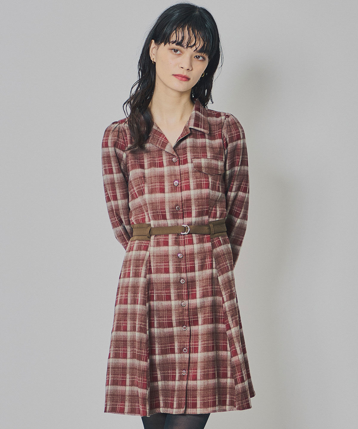 REDYAZEL「ウエストベルトチェックミニワンピース」|ワンピース|赤系チェック