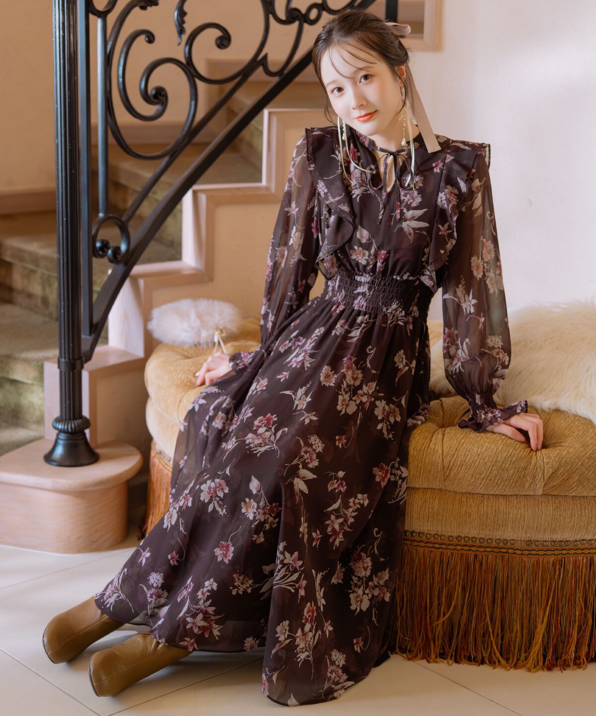 WILLSELECTION「フラワープリントウエストシャーリングワンピース」|ワンピース|茶系花柄