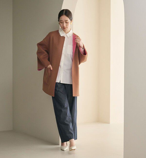 UNITED ARROWS「バイカラー リバー ミドルコート」|ノーカラーコート|