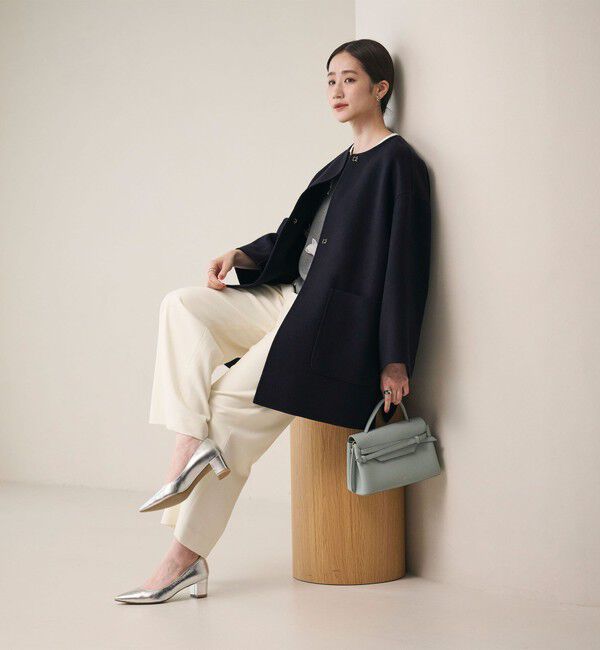 UNITED ARROWS「バイカラー リバー ミドルコート」|ノーカラーコート|