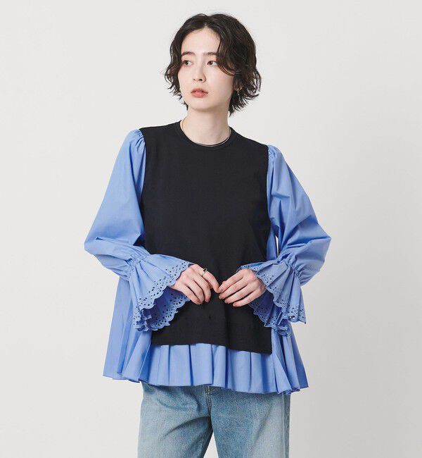 UNITED ARROWS「プリーツ コンビ ニット ブラウス ‐ウォッシャブル‐」|シャツ・ブラウス|NAVY