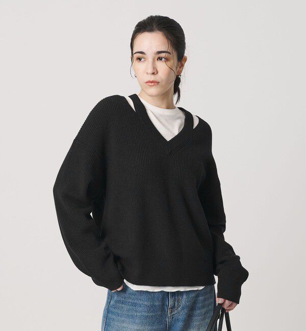 BEAUTY&YOUTH UNITED ARROWS「アゼ スリットVネック ニットプルオーバー ウォッシャブル」|ニット・セーター|BLACK