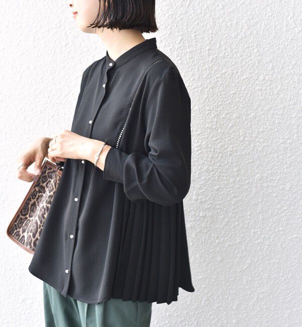 SHIPS for women「《一部追加予約》【WEB限定】〈手洗い可能〉ストレッチ ジョーゼット プリーツ ブラウス」|シャツ・ブラウス|ブラック