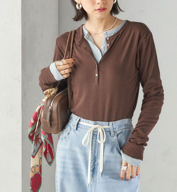 SHIPS for women「《一部追加予約》【SHIPS別注】miller: シアー ヘンリー ネック ロング スリーブ TEE」|Tシャツ・カットソー|ブラウン